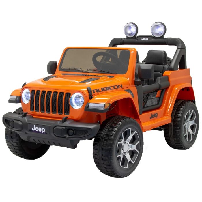 Masinuta electrica 4×4 Premier Jeep Wrangler Rubicon, 12V, roti cauciuc EVA, scaun piele ecologica, portocaliu