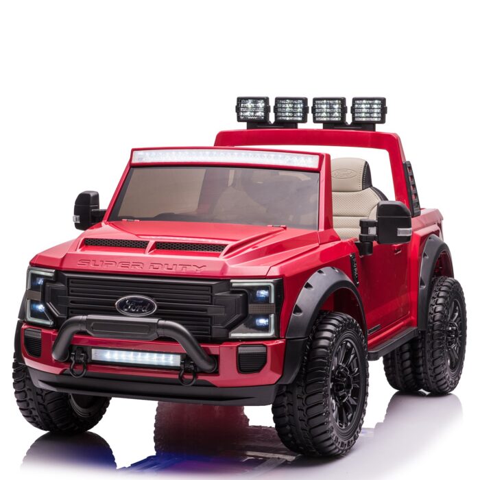 Masinuta electrica pentru copii Ford Super Duty F450, 4×4, 180W putere, cu roti moi, scaun tapitat, iluminat ambiental, Rosu