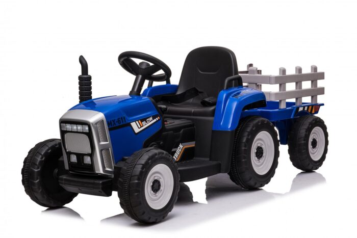 Tractoras electric pentru copii, Kinderauto BJ-611, 60W 12V, cu remorca si telecomanda, albastru